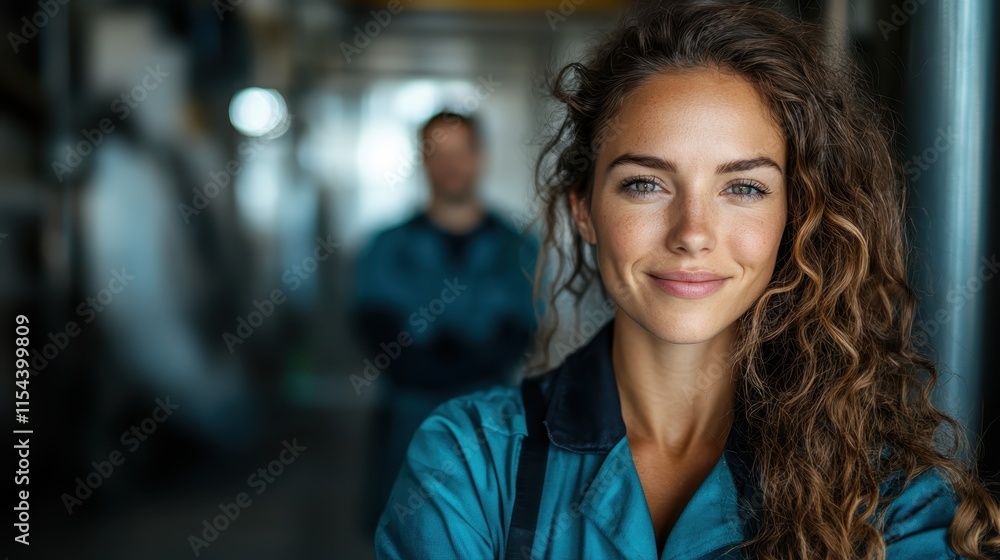 A confident female engineer wearing a blue uniform standing in an industrial setting, symbolizing empowerment and expertise in the engineering field. A confident female engineer wearing a blue uniform standing in an industrial setting, symbolizing empowerment and expertise in the engineering field.
