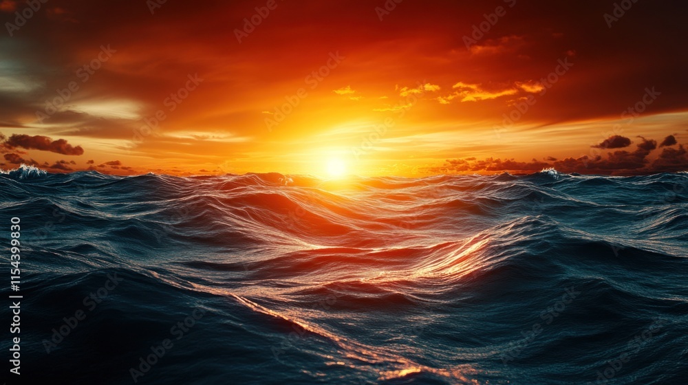 Obraz premium Fiery sunset over dramatic ocean waves.