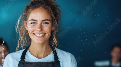 A cheerful baker with a flour-dusted apron stands in a cozy bakery setting, radiating warmth and craftsmanship, with ingredients and tools subtly present. photo