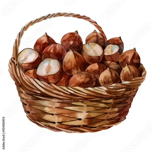 A watercolor of a basket of freshly picked chestnuts, isolated on a white background. Chestnut basket vector.
