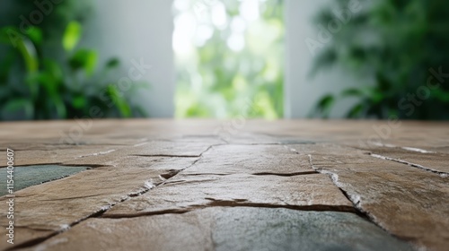 A detailed view of a stone pathway leading to a verdant garden, symbolizing a journey through nature. The natural composition invites exploration and tranquility. photo