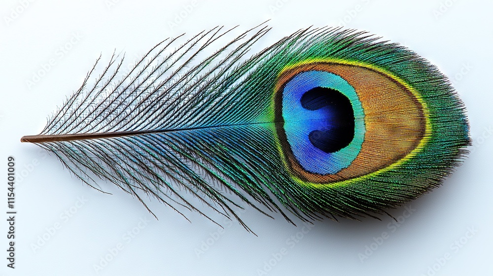 Naklejka premium a peacock's feather on white background with reflection of its tail