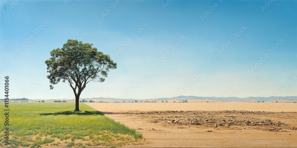 Árbol solitario en paisaje verde y árido Árbol solitario en paisaje verde y árido