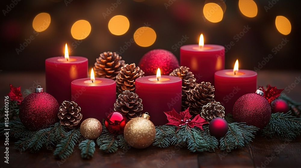 A group of red candles is perched atop a wooden table, surrounded by Christmas ornaments and pinecone cones A group of red candles is perched atop a wooden table, surrounded by Christmas ornaments and pinecone cones