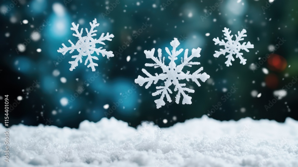 Three delicate snowflakes float silently above a blanket of fresh snow, capturing the essence of winter wonderland with a touch of magical tranquility and elegance. Three delicate snowflakes float silently above a blanket of fresh snow, capturing the essence of winter wonderland with a touch of magical tranquility and elegance.
