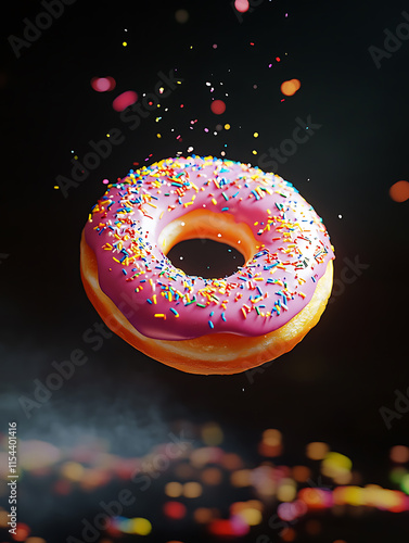 Donuts floating in mid-air, cinematic sparkling effect photo