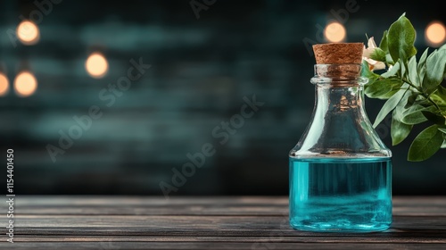 A small corked glass bottle containing enchanting blue liquid sits beside decorative green leaves. The natural elements enhance the magical allure of the scene. photo