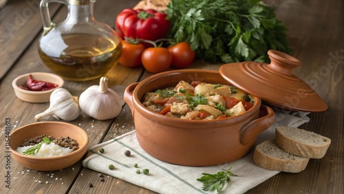 Rustic table setting featuring a clay pot of baccal with fresh ingredients and herbs photo