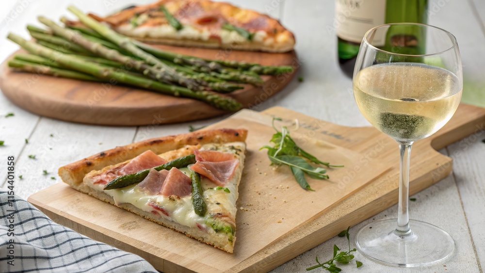 Delightful asparagus and prosciutto pizza paired perfectly with white wine in a cozy dining setting Delightful asparagus and prosciutto pizza paired perfectly with white wine in a cozy dining setting