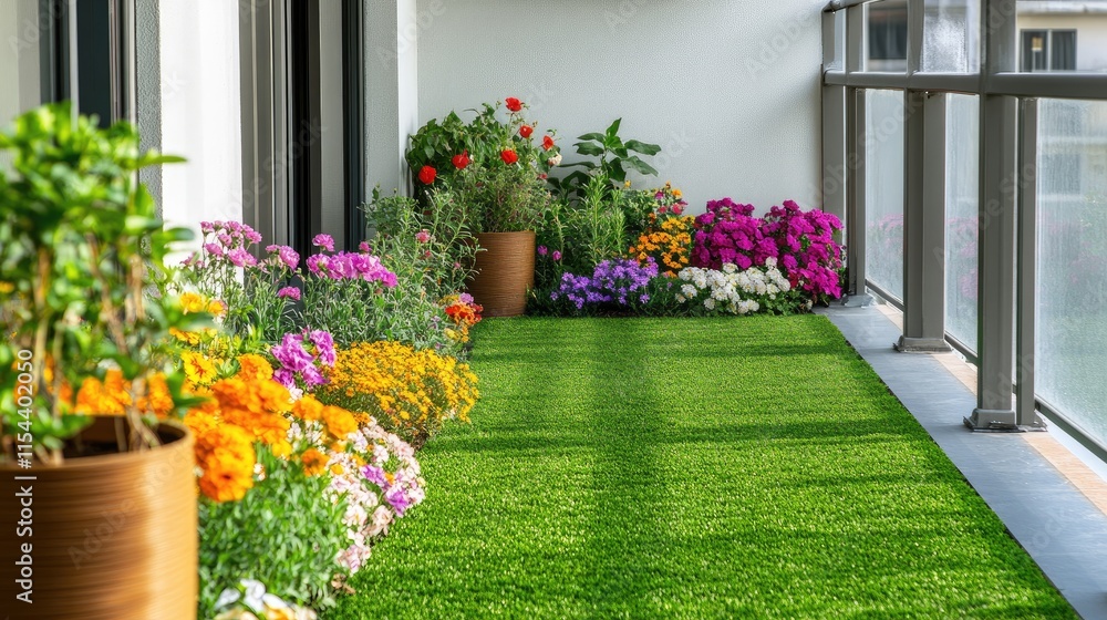 Fototapeta premium Vibrant Flower Garden on Balcony with Artificial Grass Flooring