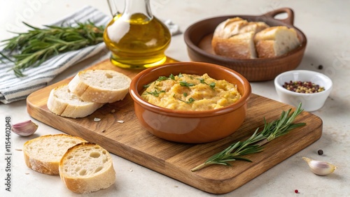 Delicious baccal alla vicentina served on a rustic wooden board with bread and olive oil photo