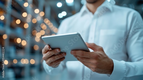 A man in a white shirt holds a tablet in a blurred industrial warehouse, symbolizing the intersection of technology and manual labor in modern industries. photo