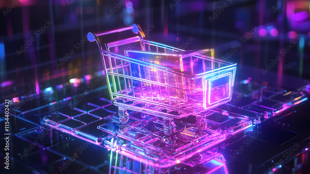 Hologram shopping cart on top of laptop, e-commerce concept. Pinnacle. Illustration Hologram shopping cart on top of laptop, e-commerce concept. Pinnacle. Illustration