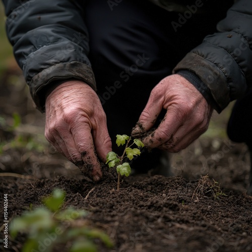 An elderly pair of hands planting a small sapling into soil, symbolizing wisdom, care for the environment, and nurturing growth for future generations. AI generated. photo