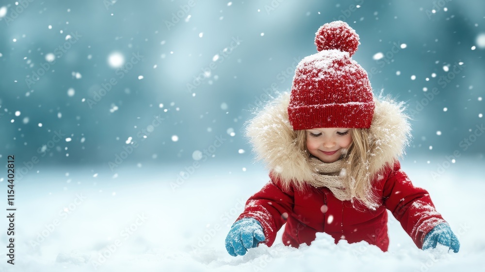 A joyful girl in a red coat and knitted hat enjoys the snowflakes around her, embodying the essence of childhood fun and wonder in a serene snowy environment. A joyful girl in a red coat and knitted hat enjoys the snowflakes around her, embodying the essence of childhood fun and wonder in a serene snowy environment.