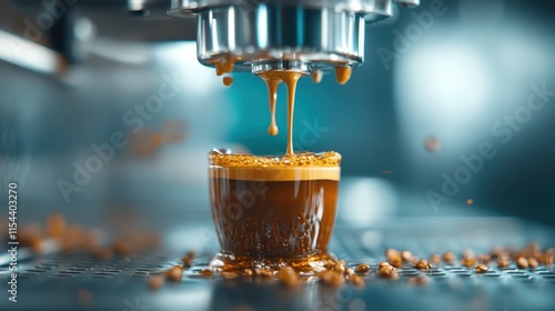 The image focuses on an espresso shot pouring into a clear glass cup beneath an espresso machine, showcasing precision and the allure of fresh-brewed coffee. photo