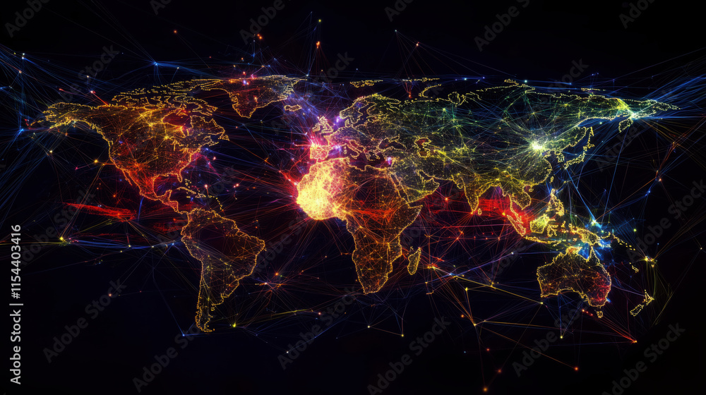 Geometric Abstract Illustration of a Global Network Featuring Neon-Lit Nodes and Connecting Lines Representing Major Cities Geometric Abstract Illustration of a Global Network Featuring Neon-Lit Nodes and Connecting Lines Representing Major Cities