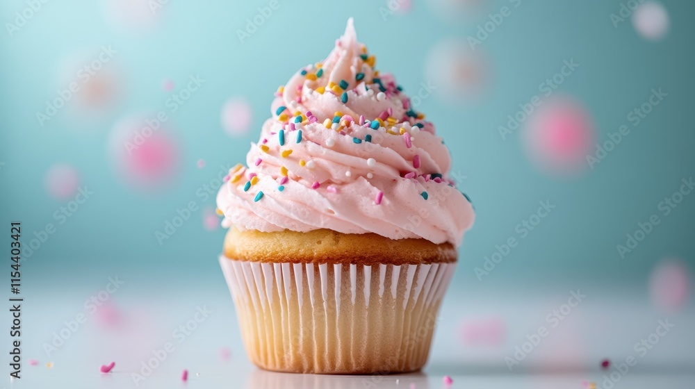 A vanilla cupcake topped with a swirl of pink frosting and adorned with colorful sprinkles, set against a soft blue background with falling sprinkle effect. A vanilla cupcake topped with a swirl of pink frosting and adorned with colorful sprinkles, set against a soft blue background with falling sprinkle effect.