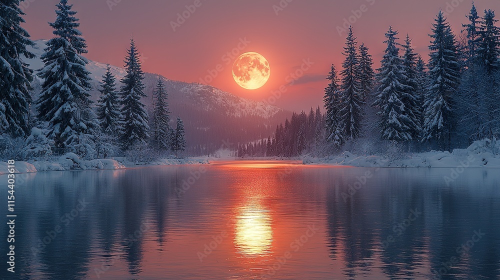 Full moon shines brightly over serene lake, surrounded by tall trees, while snow-capped mountain stands majestically in the distance Full moon shines brightly over serene lake, surrounded by tall trees, while snow-capped mountain stands majestically in the distance