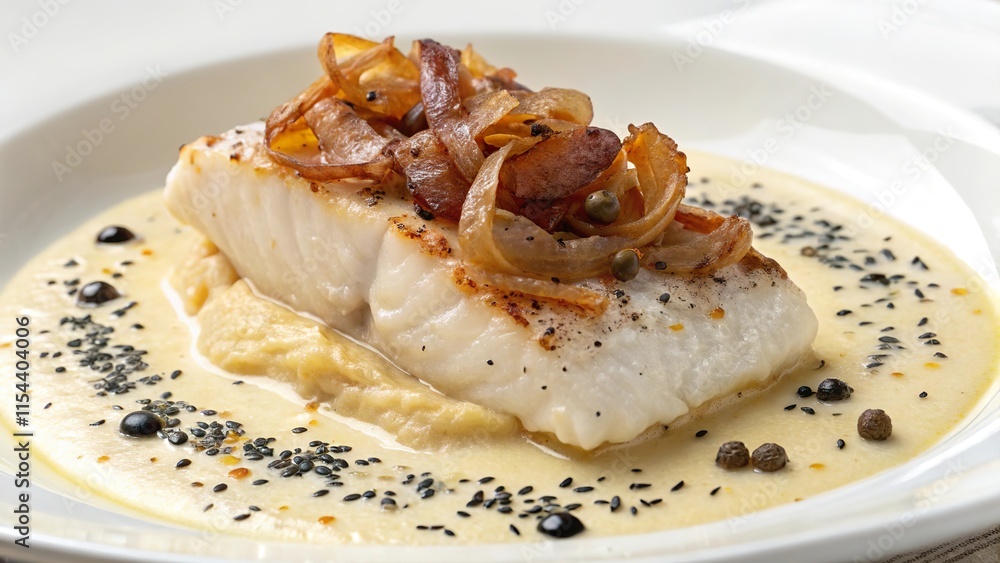 Creamy sauce enveloping cod fillet garnished with onions and spices, served elegantly on a white plate Creamy sauce enveloping cod fillet garnished with onions and spices, served elegantly on a white plate