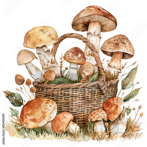 A watercolor vector of a basket of mushrooms on a forest floor, isolated on a white background. Forest mushrooms basket vector.
