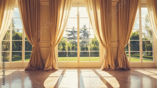 Elegant Room with Sunlit Windows and Drapes Overlooking Garden View