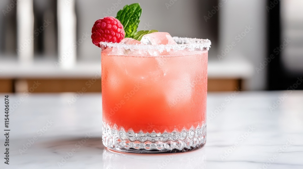 A refreshing berry cocktail in a textured glass, garnished with a fresh raspberry and mint leaf, set on a bright, clean surface with an inviting look. A refreshing berry cocktail in a textured glass, garnished with a fresh raspberry and mint leaf, set on a bright, clean surface with an inviting look.