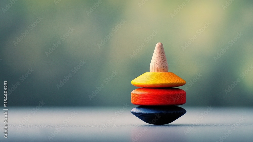 A collection of vibrant wooden playthings resting on a white table against a backdrop of lush greenery and blurred trees A collection of vibrant wooden playthings resting on a white table against a backdrop of lush greenery and blurred trees