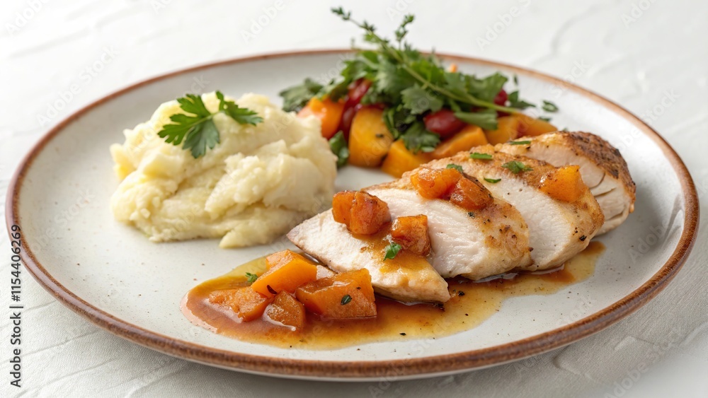 Minimalist apricot chicken plate served with creamy mashed potatoes and fresh vegetable salad Minimalist apricot chicken plate served with creamy mashed potatoes and fresh vegetable salad