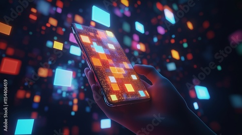 A person's hand holds a smartphone against a background of light boxes symbolizing