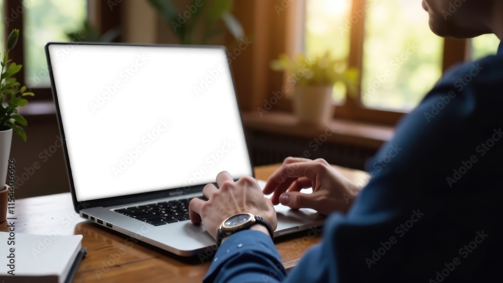A person is shown working on a laptop with a blank white screen at a wooden desk. Concept of: Remote work and digital workspace. A person is shown working on a laptop with a blank white screen at a wooden desk. Concept of: Remote work and digital workspace.