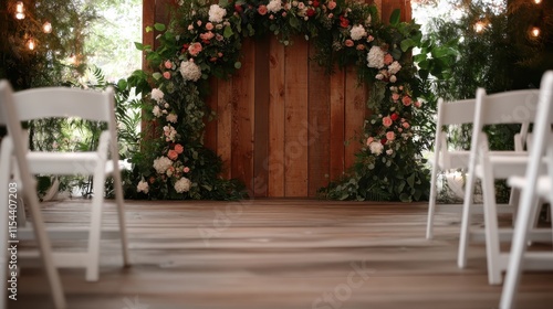 A rustic wooden wedding venue is beautifully adorned with lush floral arrangements, greenery, and white chairs, inviting guests to a charming ceremony space. photo