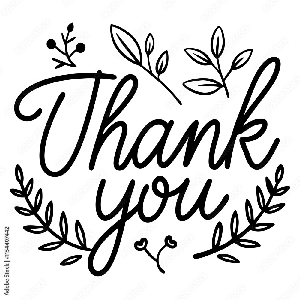 Fototapeta premium Thank You calligraphy with brown leaves, elegant vector card design.