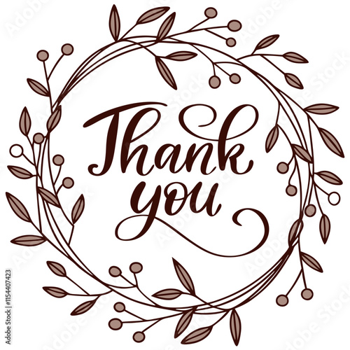 Thank You calligraphy with brown leaves, elegant vector card design.