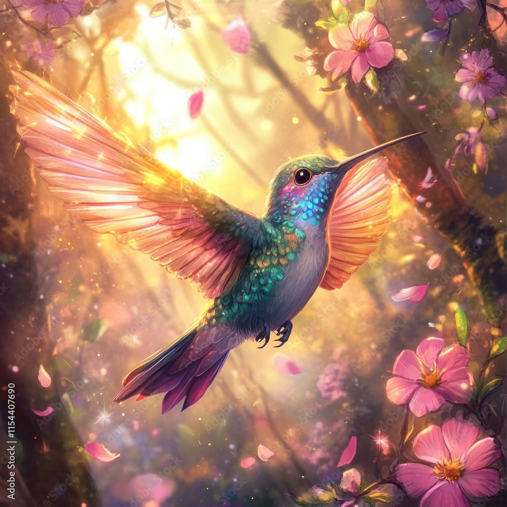 Obraz premium Hummingbird in flight, vibrant colors, flowers, sunlight.