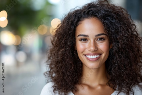 An effervescent woman with a stunning curly hairstyle beams a bright smile, perfectly framed against a softly blurred background that enhances her joyful presence.