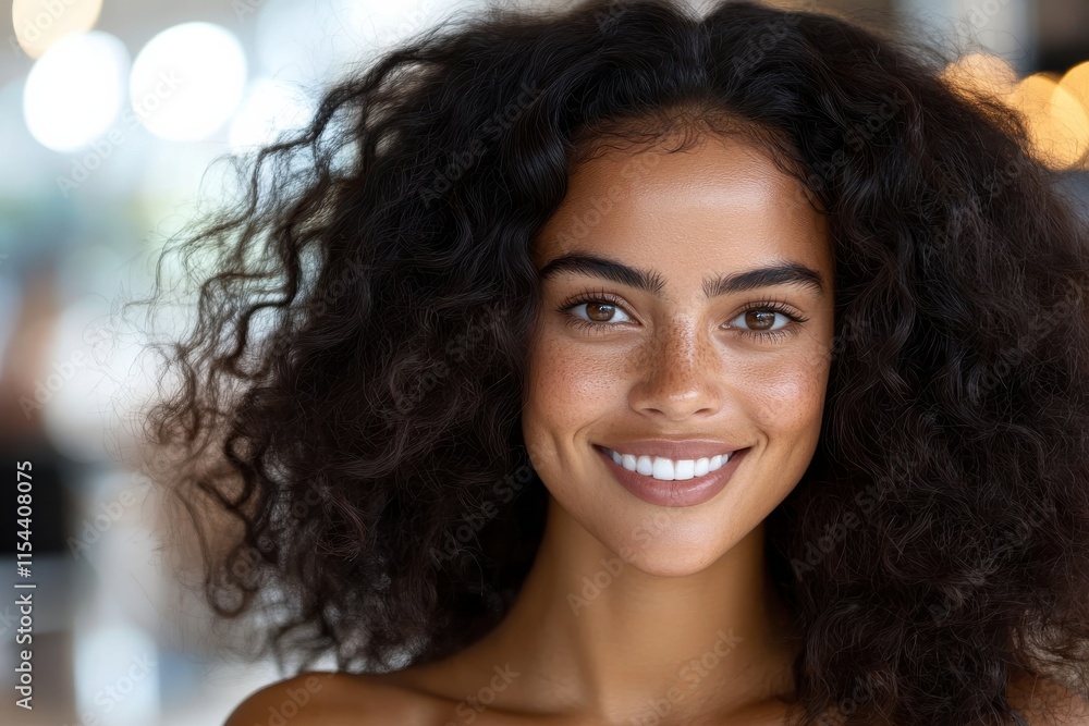 A close-up portrait of a smiling woman with gorgeous curly hair captures her natural beauty and radiant confidence, set against a softly blurred background indicative of a lively environment. A close-up portrait of a smiling woman with gorgeous curly hair captures her natural beauty and radiant confidence, set against a softly blurred background indicative of a lively environment.