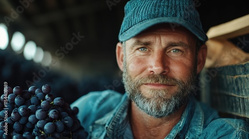 A bearded man wearing a blue cap presents a bunch of grapes from a vineyard, set against a backdrop of rustic wooden elements, highlighting rural farming life. photo