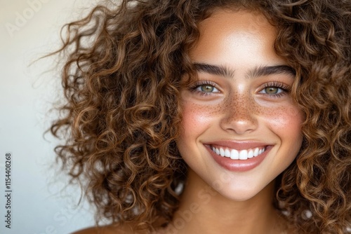 This image features a close-up of a happy girl with curly hair and a captivating smile, embodying joy and youthful energy against a soft background.