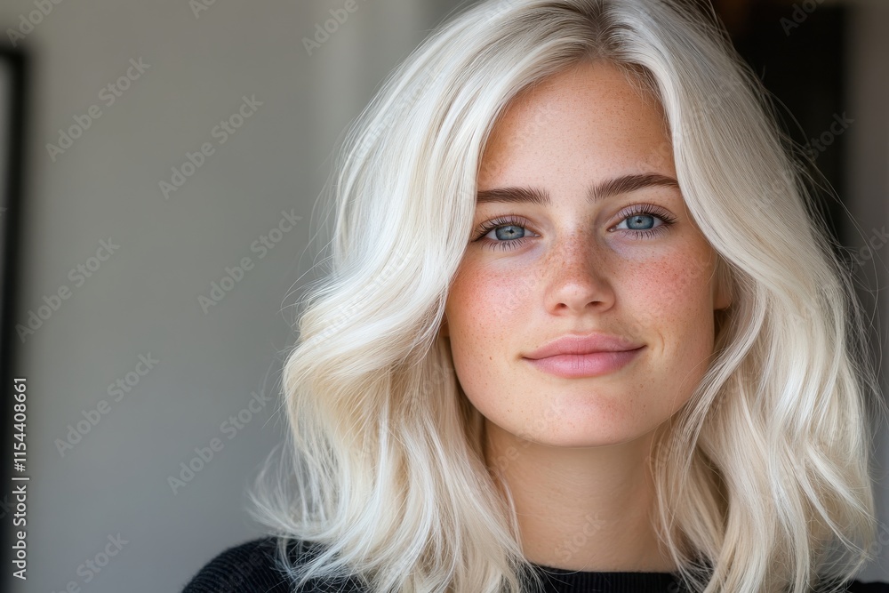 Naklejka premium A vibrant portrait of a smiling young woman showcasing her natural beauty, including her blonde hair and charming freckles, set in a softly lit and inviting space.