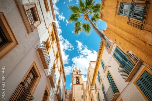 Low angle view of a narrow street with tall buildings, a palm tree, and a church steeple against a blue sky. photo