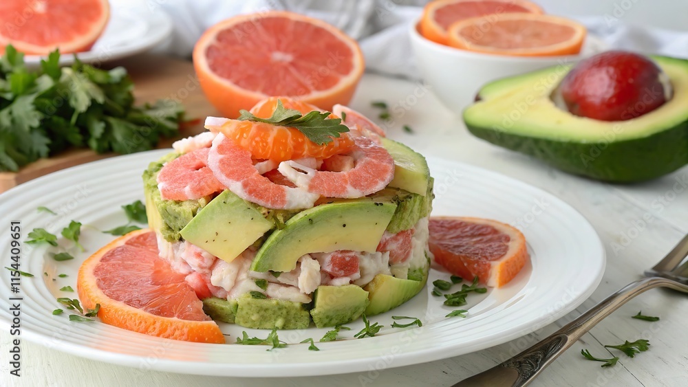 Creative citrus salad arrangement featuring avocado and fresh greens in a vibrant display of color and flavor Creative citrus salad arrangement featuring avocado and fresh greens in a vibrant display of color and flavor