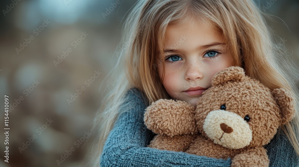 A young girl embracing her teddy bear with soft focus background, blending warmth and innocence with a sense of nostalgia and gentle artistic style. A young girl embracing her teddy bear with soft focus background, blending warmth and innocence with a sense of nostalgia and gentle artistic style.