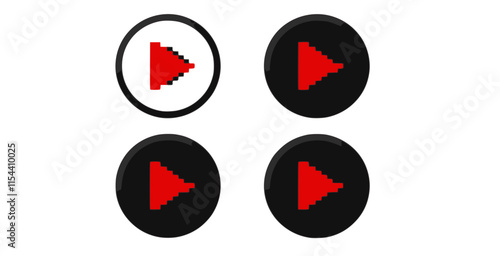 set of Play 8 bit pixel button minimalist round icon. Red play button symbol.