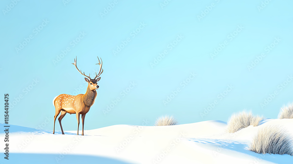 Obraz premium Deer standing gracefully on white sand dunes against a clear blue sky. Hinterland. Illustration