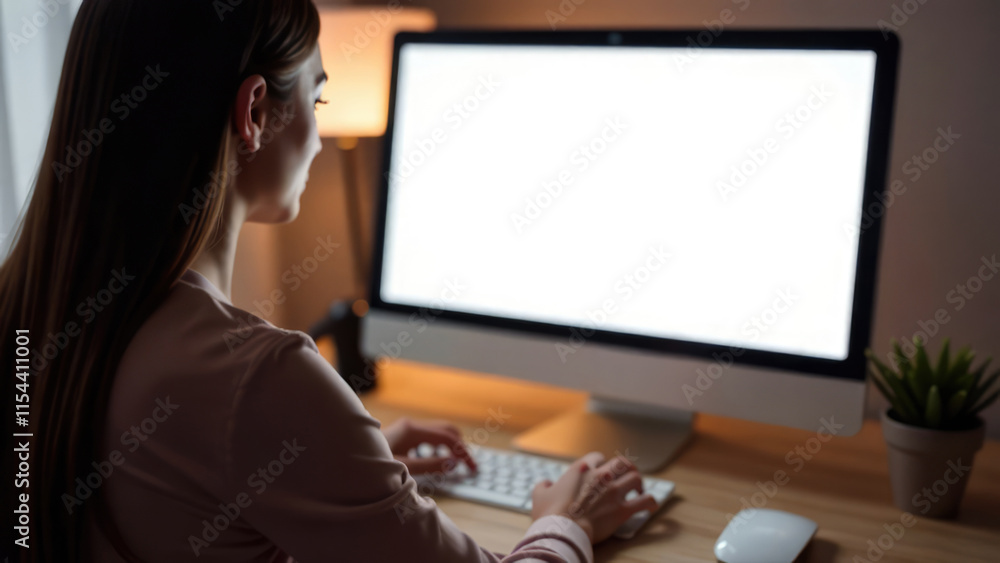 A woman works on her computer at night, the screen showing a blank white space.
Concept of nighttime work. Computer Screen Mockup A woman works on her computer at night, the screen showing a blank white space.
Concept of nighttime work. Computer Screen Mockup