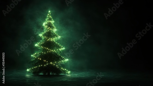 A majestic Christmas tree, adorned with lights emits an ethereal glow, creating a stunning visual against a dark backdrop, representing the holiday spirit. photo