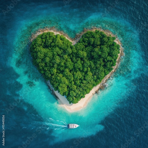 Isla en forma de corazón, paisaje aéreo de naturaleza, bote en el mar photo