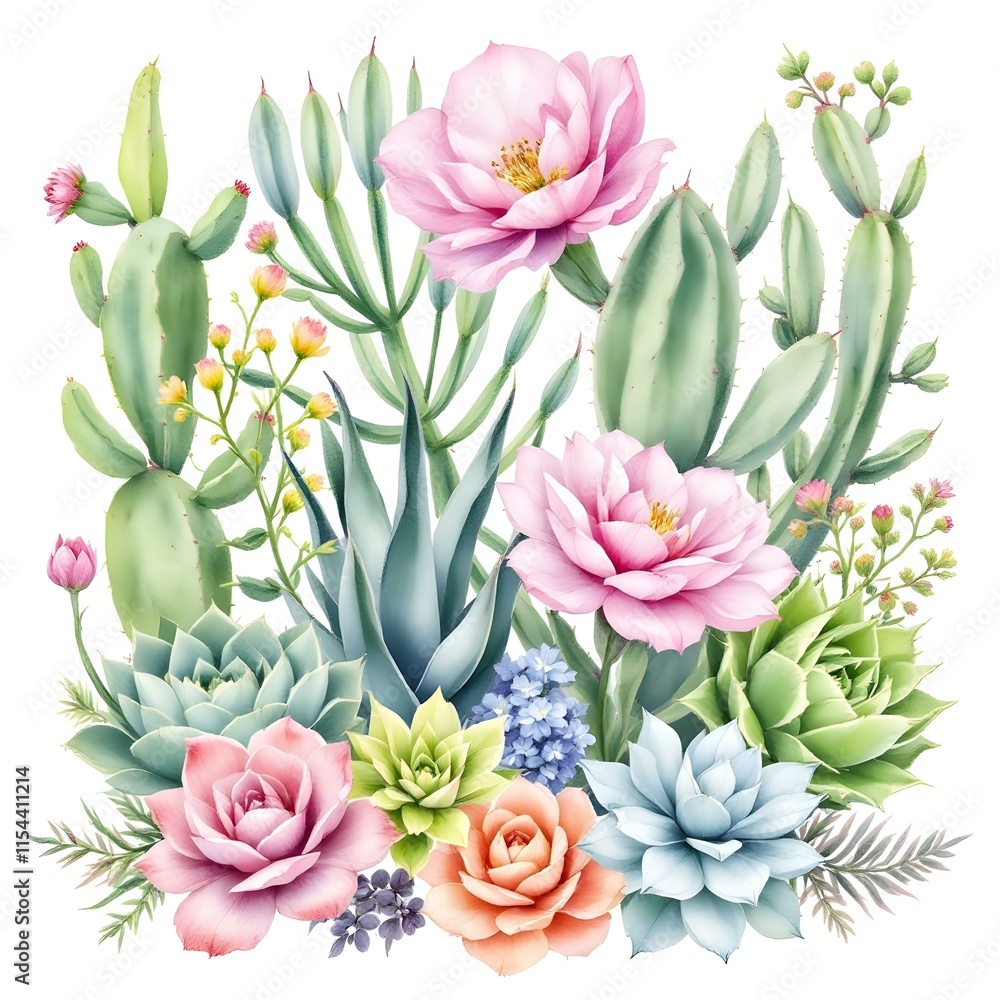 Fototapeta premium Botanical illustration, succulent garden, pastel colors