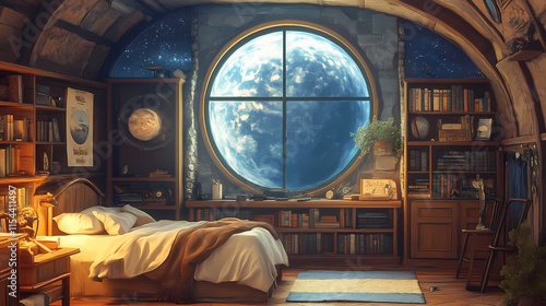 Interior de um quarto aconchegante com uma grande janela e a lua. Hinterland. Illustration
